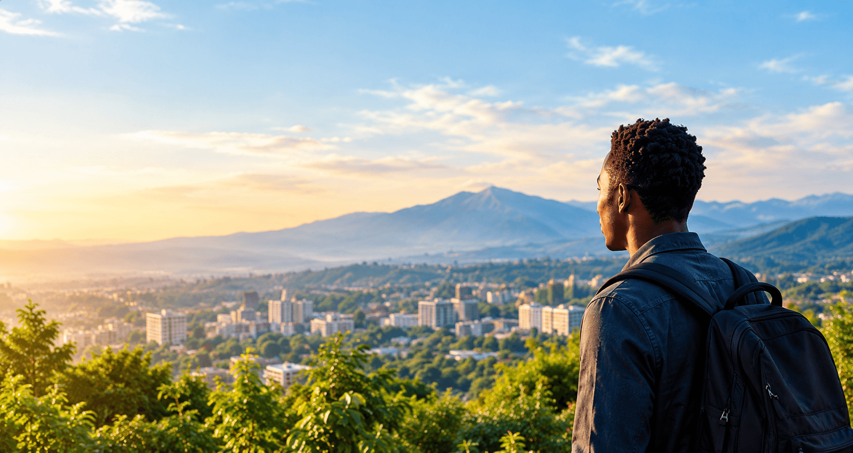 A person looking out over a city and mountain landscape